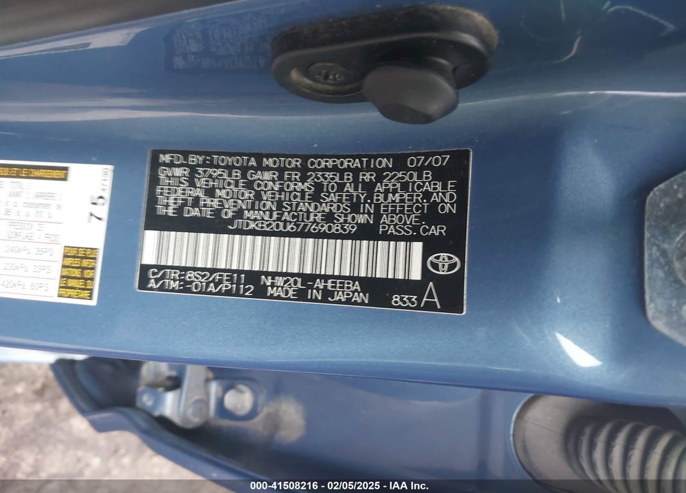 2007 TOYOTA PRIUS VIN: JTDKB20U677690839