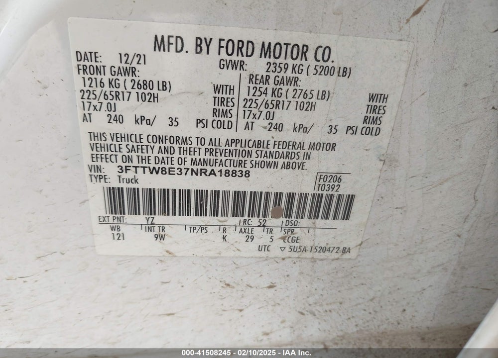 2022 FORD MAVERICK VIN: 3FTTW8E37NRA18838