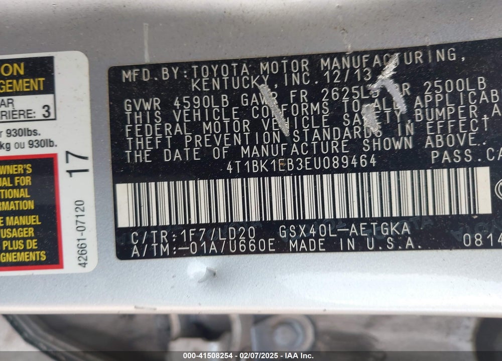 2014 TOYOTA AVALON VIN: 4T1BK1EB3EU089464