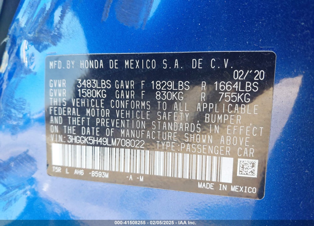 2020 HONDA FIT VIN: 3HGGK5H49LM708022