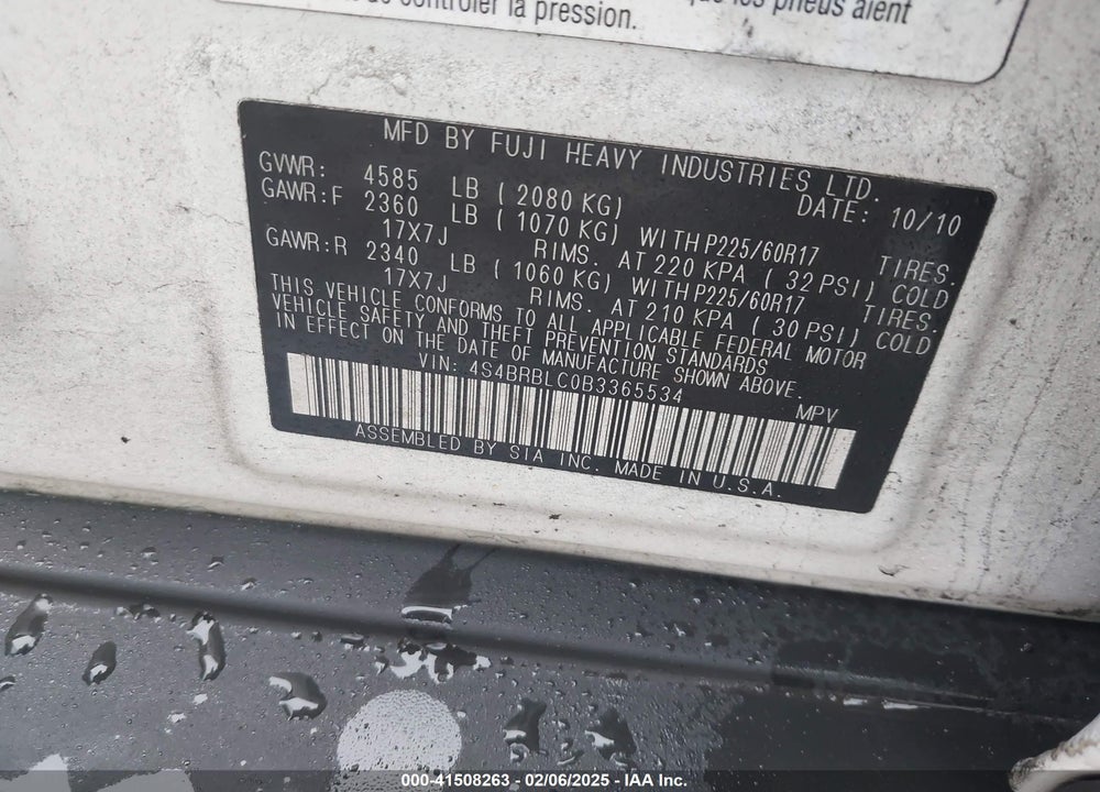 2011 SUBARU OUTBACK VIN: 4S4BRBLC0B3365534