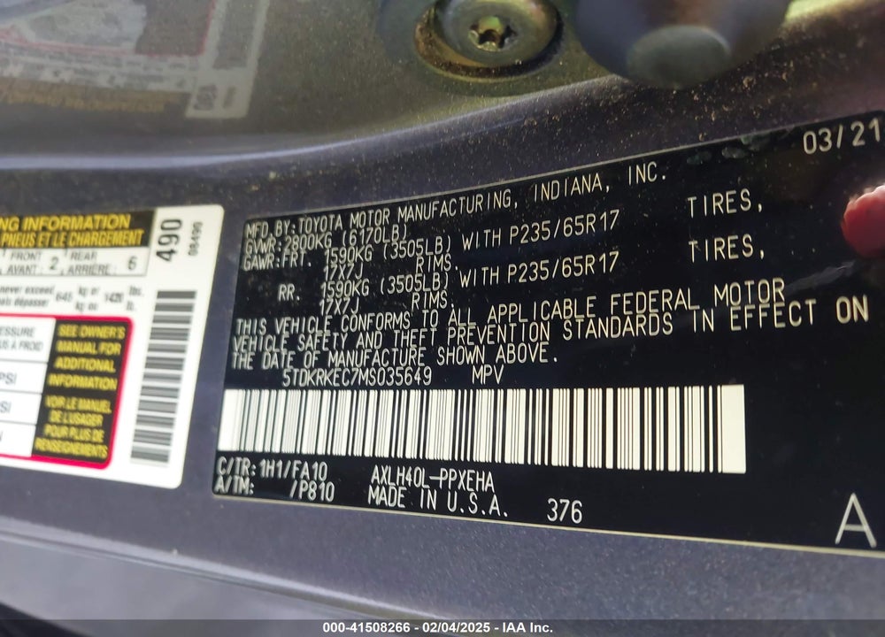 2021 TOYOTA SIENNA LE VIN: 5TDKRKEC7MS035649