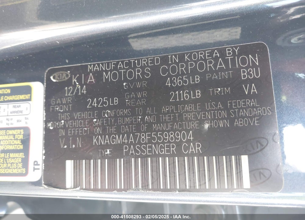 2015 KIA OPTIMA LX VIN: KNAGM4A78F5598904