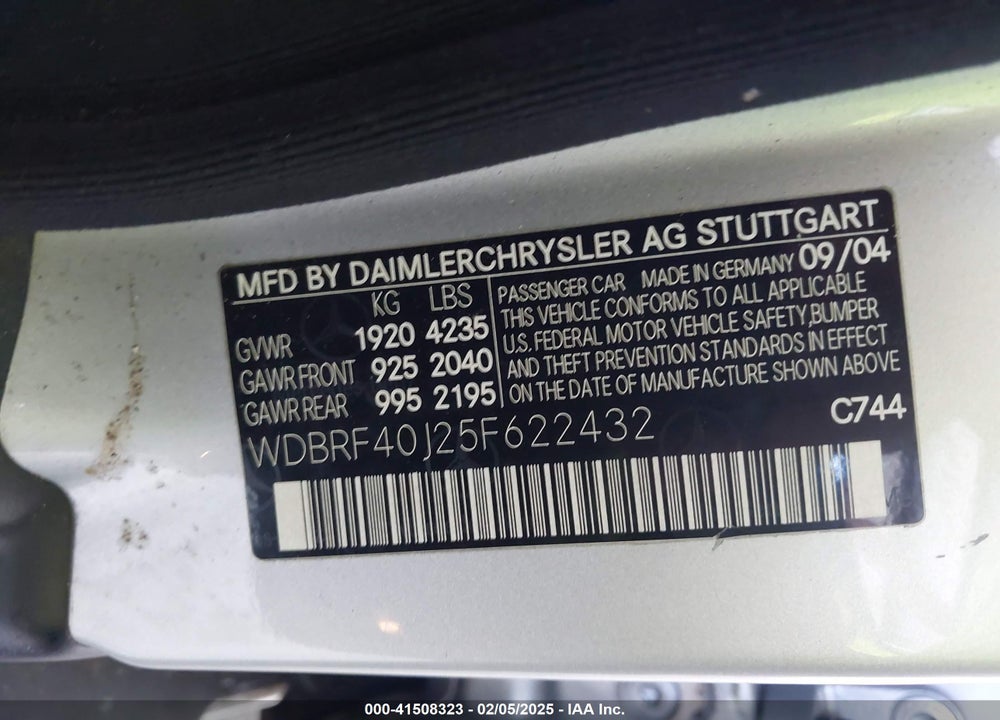 2005 MERCEDES-BENZ C 230 KOMPRESSOR SPORT VIN: WDBRF40J25F622432