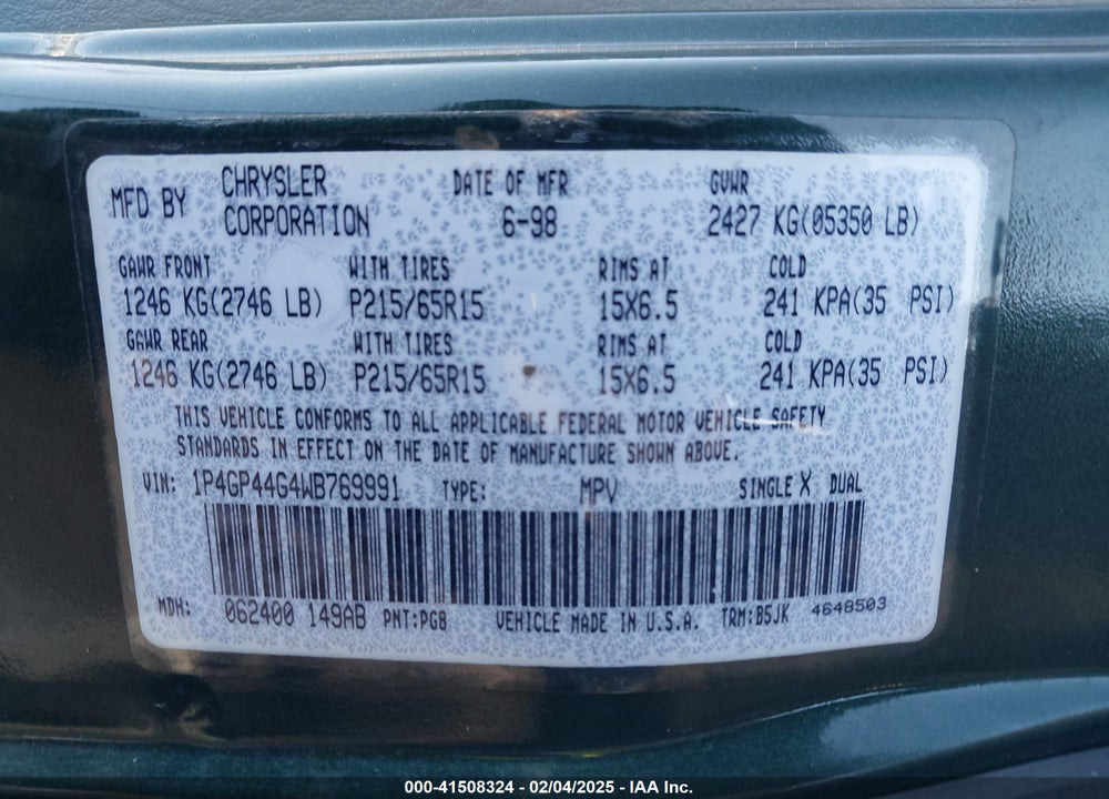 1998 PLYMOUTH GRAND VOYAGER SE VIN: 1P4GP44G4WB769991