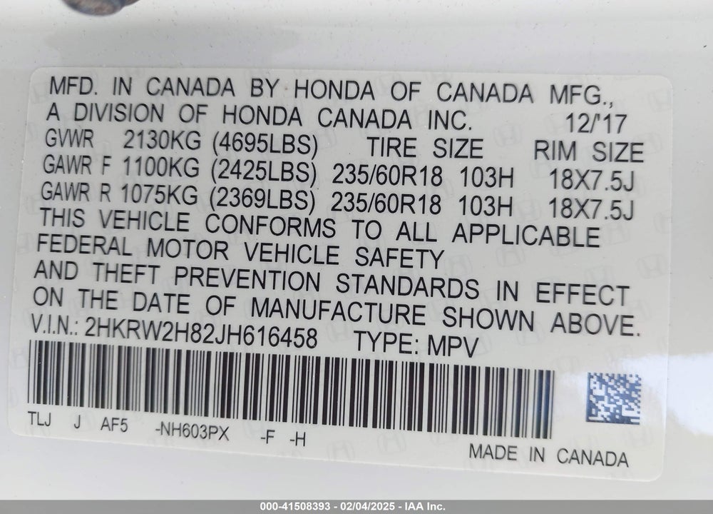 2018 HONDA CR-V EX-L/EX-L NAVI VIN: 2HKRW2H82JH616458