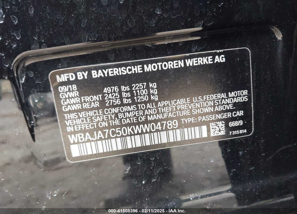 2019 BMW 530I VIN: WBAJA7C50KWW04789