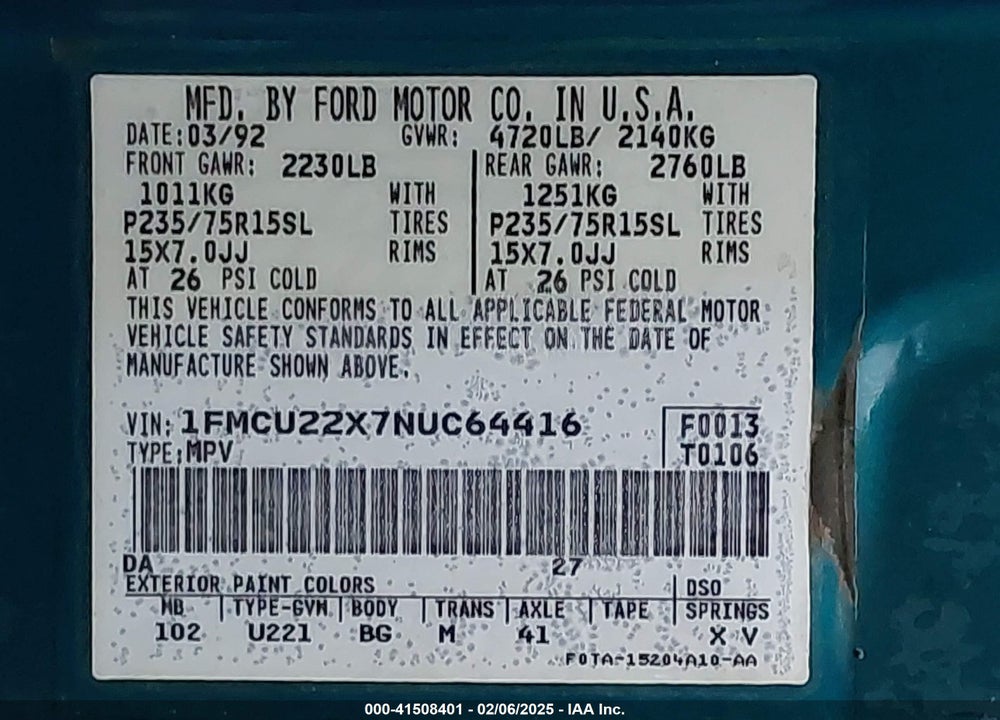 1992 FORD EXPLORER VIN: 1FMCU22X7NUC64416