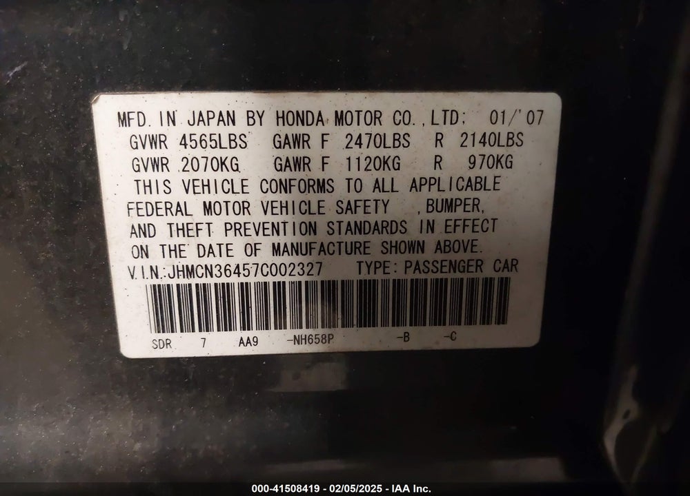 2007 HONDA ACCORD HYBRID VIN: JHMCN36457C002327