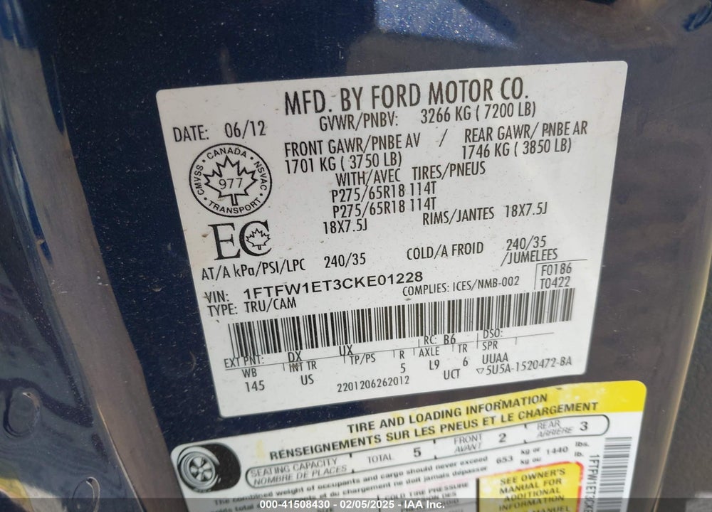 2012 FORD F-150 VIN: 1FTFW1ET3CKE01228