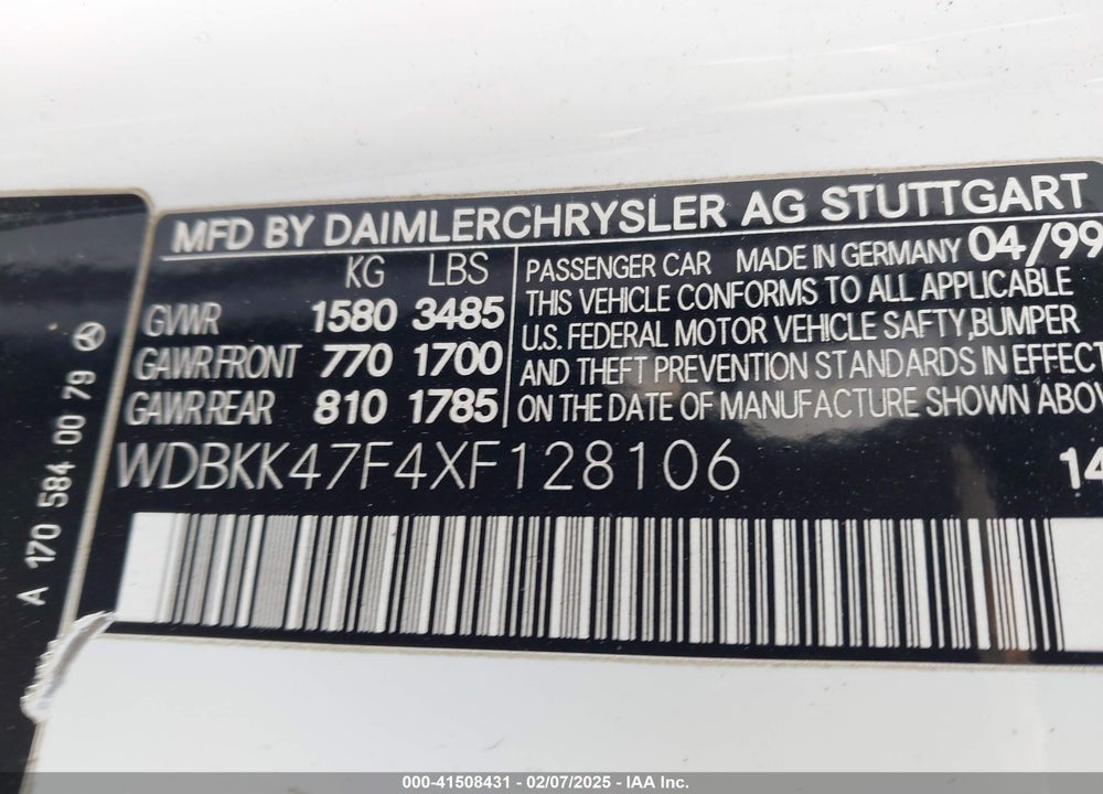 1999 MERCEDES-BENZ SLK 230 KOMPRESSOR VIN: WDBKK47F4XF128106