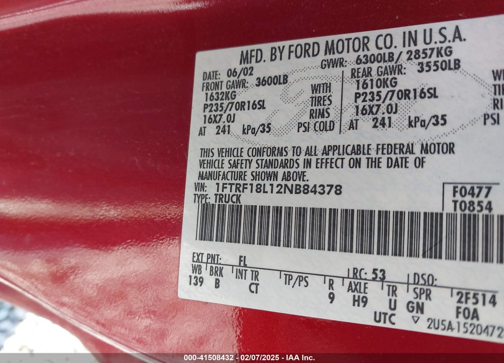 2002 FORD F-150 XL/XLT VIN: 1FTRF18L12NB84378