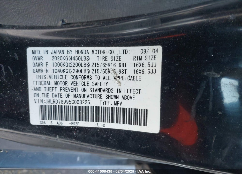2005 HONDA CR-V SE VIN: JHLRD78995C008226
