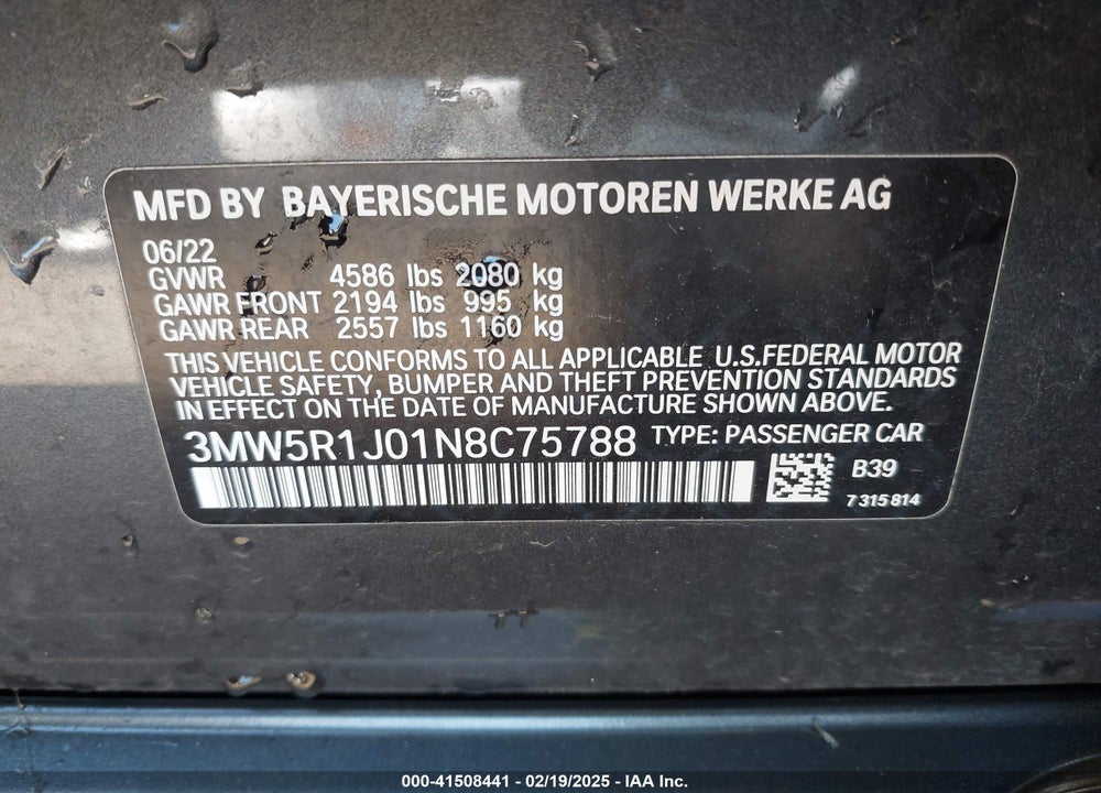 2022 BMW 330I VIN: 3MW5R1J01N8C75788