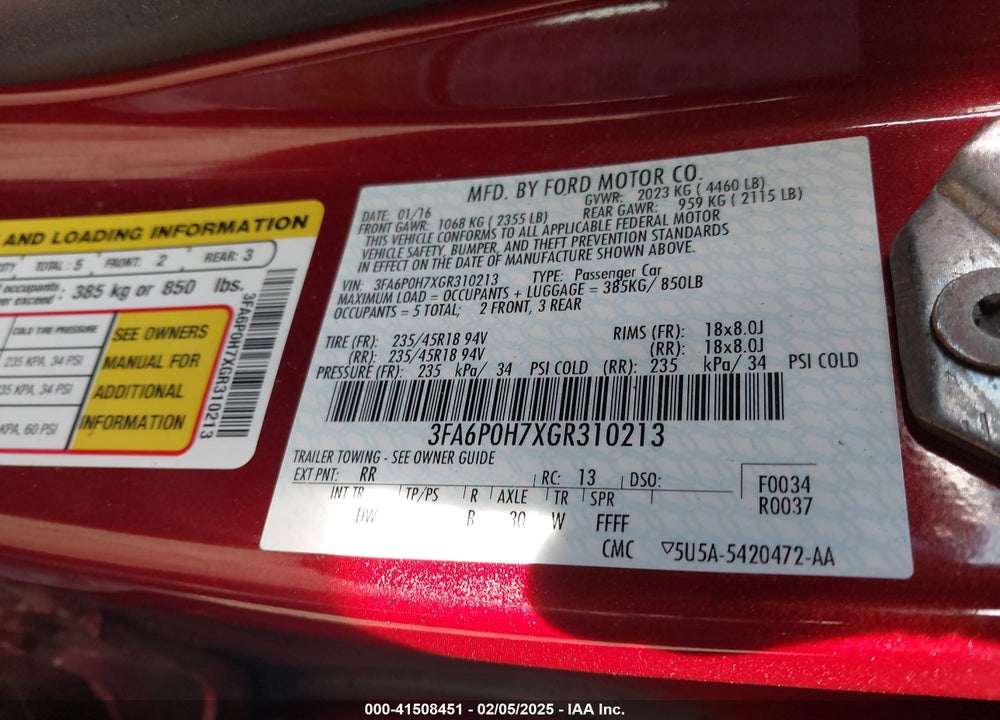 2016 FORD FUSION VIN: 3FA6P0H7XGR310213
