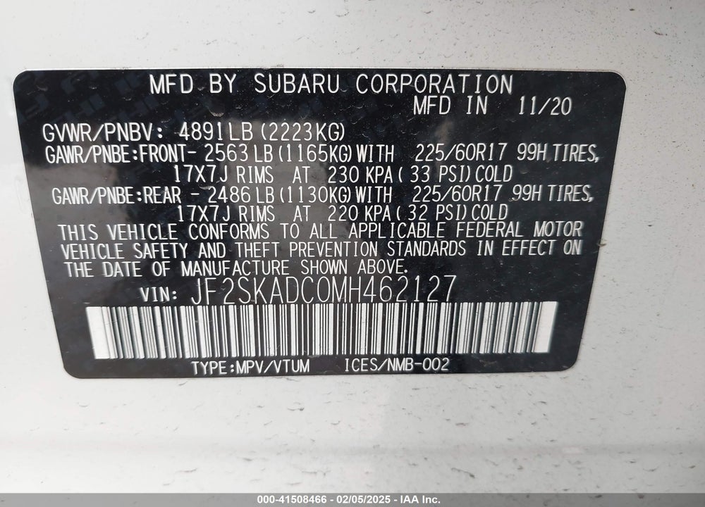 2021 SUBARU FORESTER VIN: JF2SKADC0MH462127