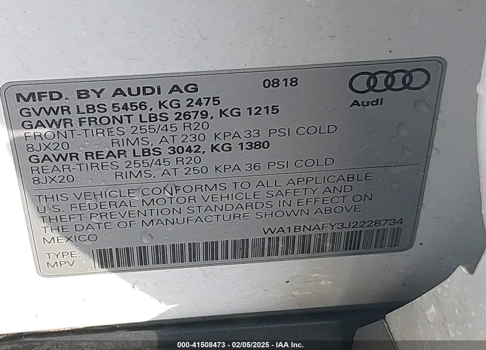 2018 AUDI Q5 2.0T PREMIUM/2.0T TECH PREMIUM VIN: WA1BNAFY3J2228734