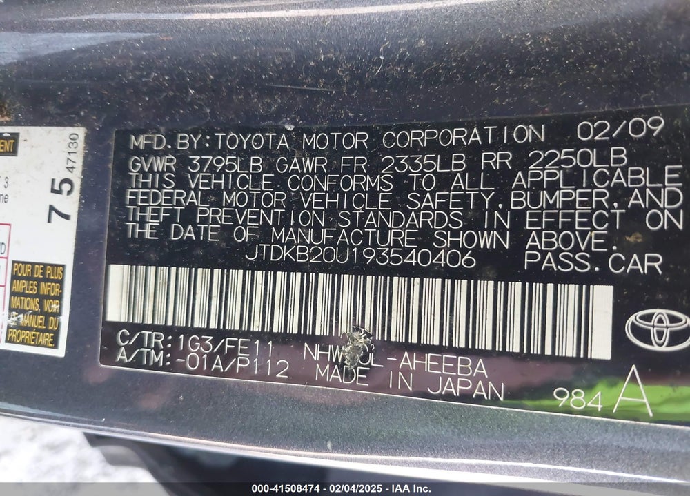2009 TOYOTA PRIUS VIN: JTDKB20U193540406
