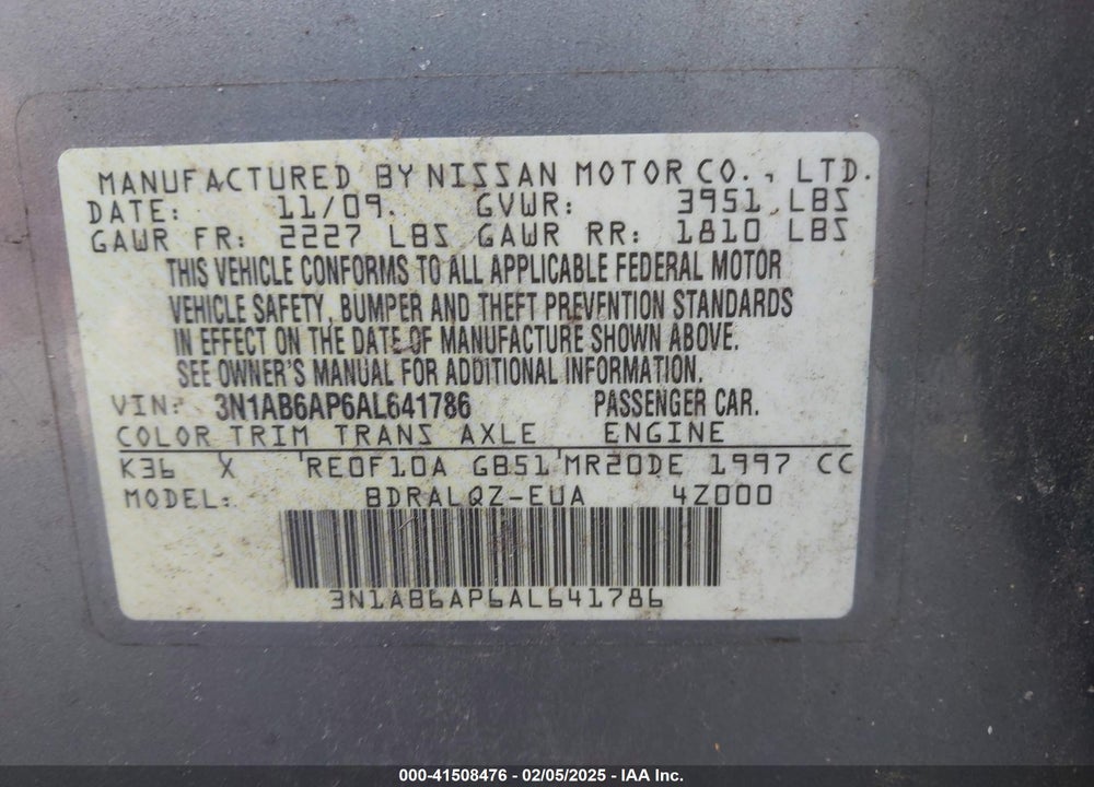 2010 NISSAN SENTRA VIN: 3N1AB6AP6AL641786