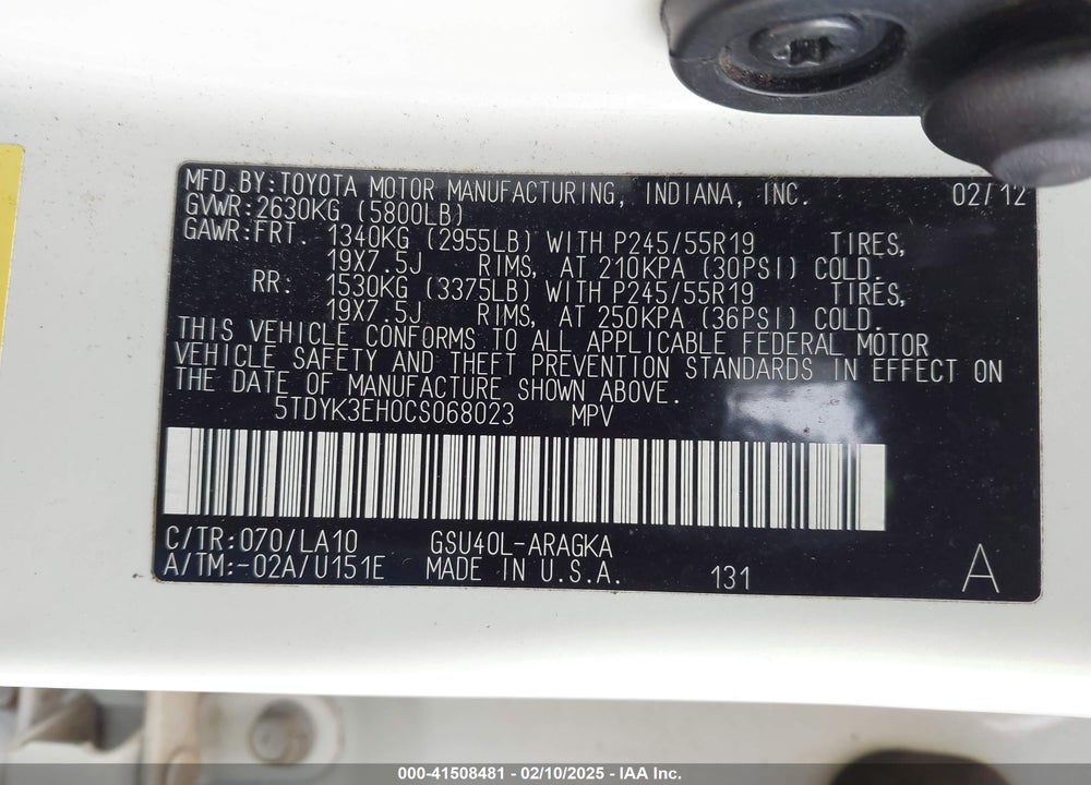 2012 TOYOTA HIGHLANDER LIMITED V6 VIN: 5TDYK3EH0CS068023