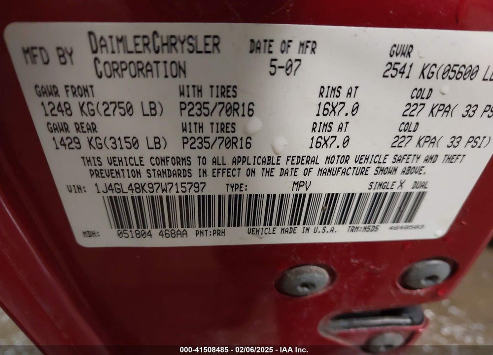2007 JEEP LIBERTY SPORT VIN: 1J4GL48K97W715797
