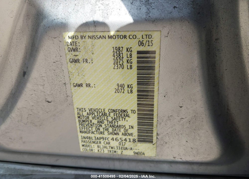 2015 NISSAN ALTIMA VIN: 1N4BL3AP9FC465418