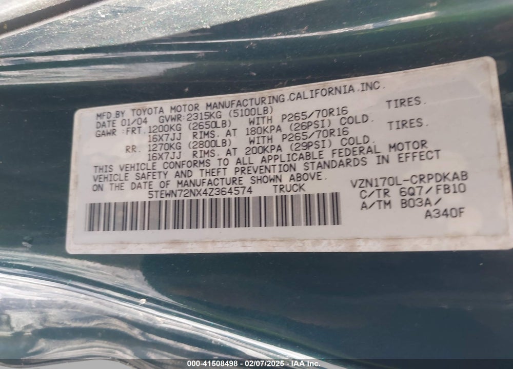 2004 TOYOTA TACOMA VIN: 5TEWN72NX4Z364574