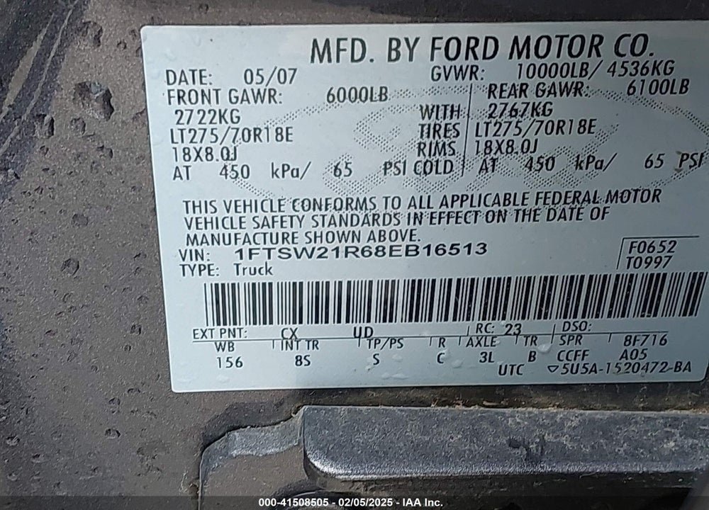 2008 FORD F-250 VIN: 1FTSW21R68EB16513
