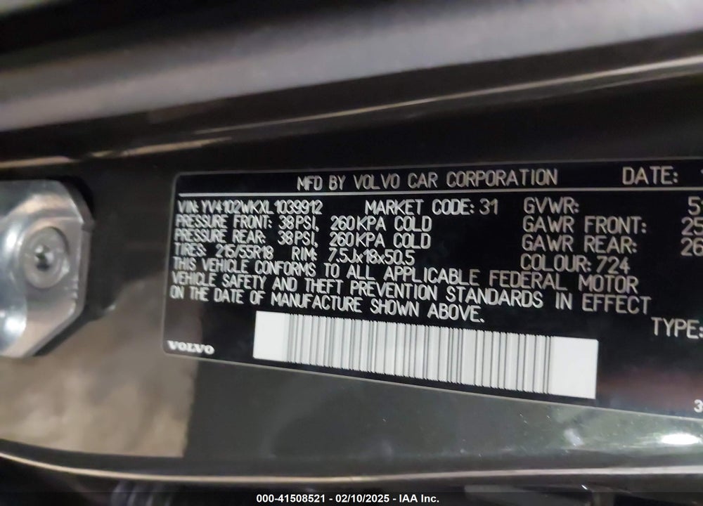 2020 VOLVO V60 CROSS COUNTRY T5 VIN: YV4102WKXL1039912