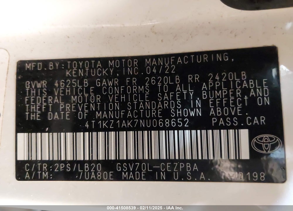2022 TOYOTA CAMRY XSE V6 VIN: 4T1KZ1AK7NU068652