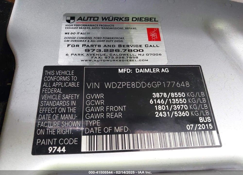 2016 MERCEDES-BENZ SPRINTER 2500 HIGH ROOF VIN: WDZPE8DD6GP177648