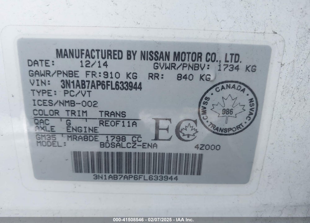2015 NISSAN SENTRA FE+ S/S/SL/SR/SV VIN: 3N1AB7AP6FL633944