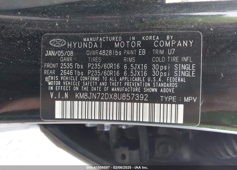 2008 HYUNDAI TUCSON LIMITED V6/SE VIN: KM8JN72DX8U857392