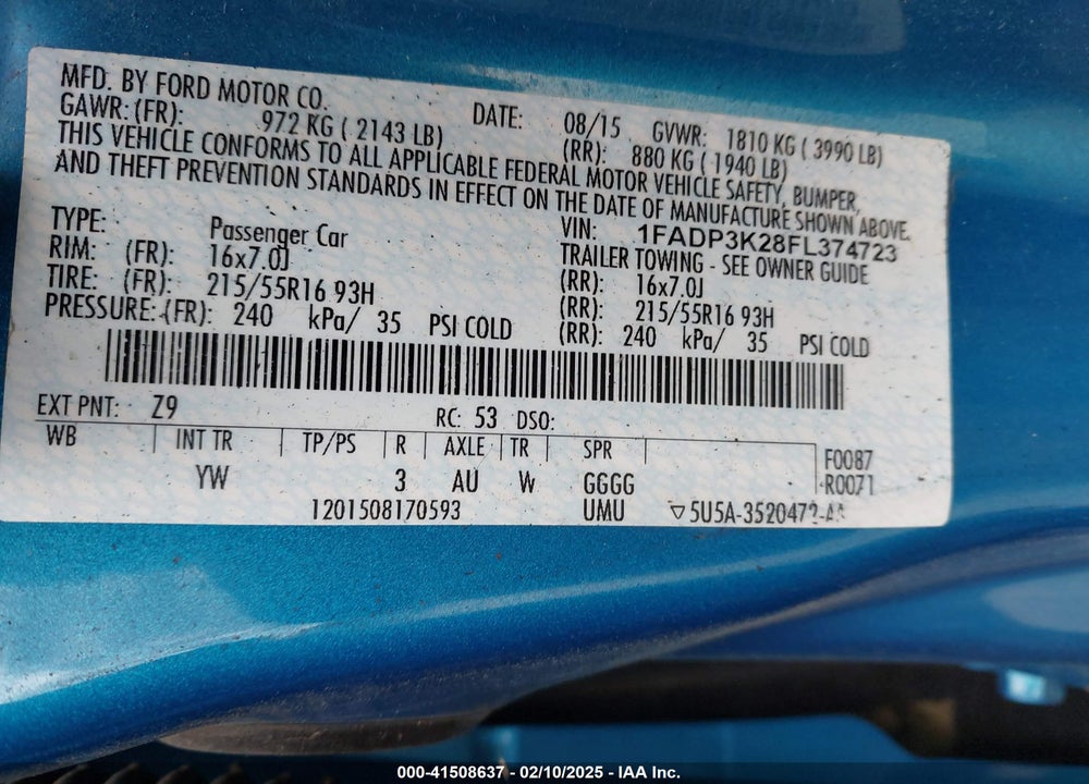 2015 FORD FOCUS VIN: 1FADP3K28FL374723