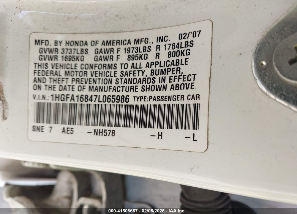 2007 HONDA CIVIC VIN: 1HGFA16847L065986