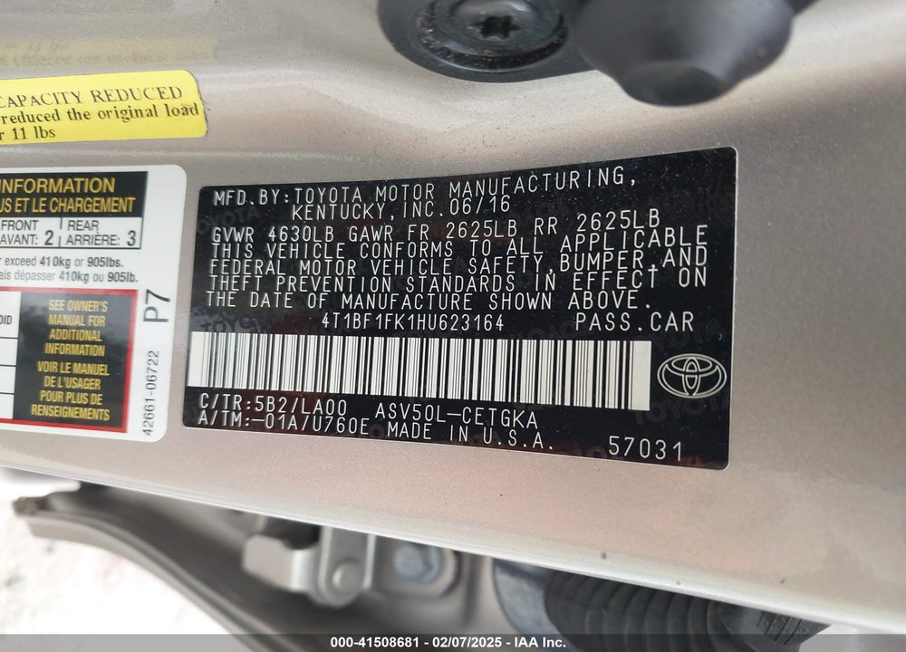 2017 TOYOTA CAMRY VIN: 4T1BF1FK1HU623164