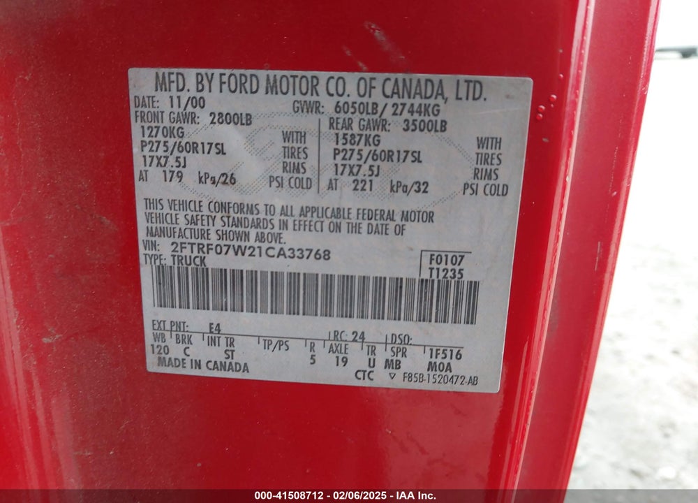 2001 FORD F-150 XL/XLT VIN: 2FTRF07W21CA33768