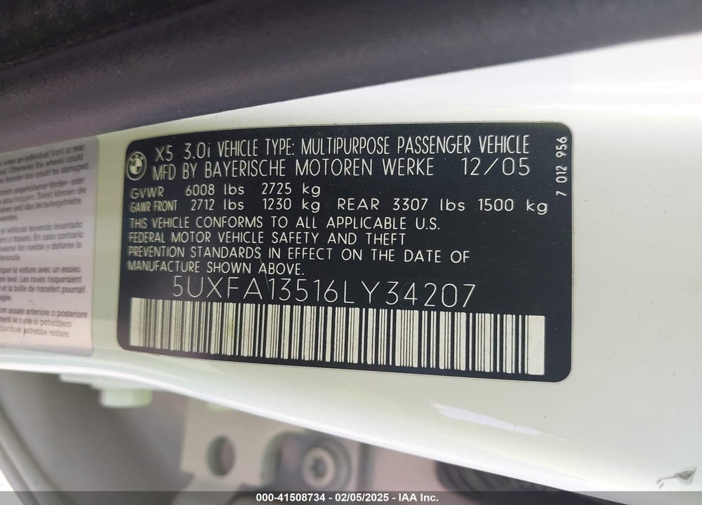 2006 BMW X5 3.0I VIN: 5UXFA13516LY34207
