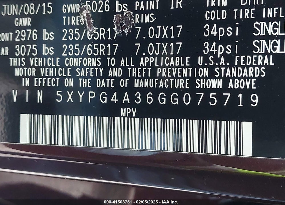2016 KIA SORENTO VIN: 5XYPG4A36GG075719