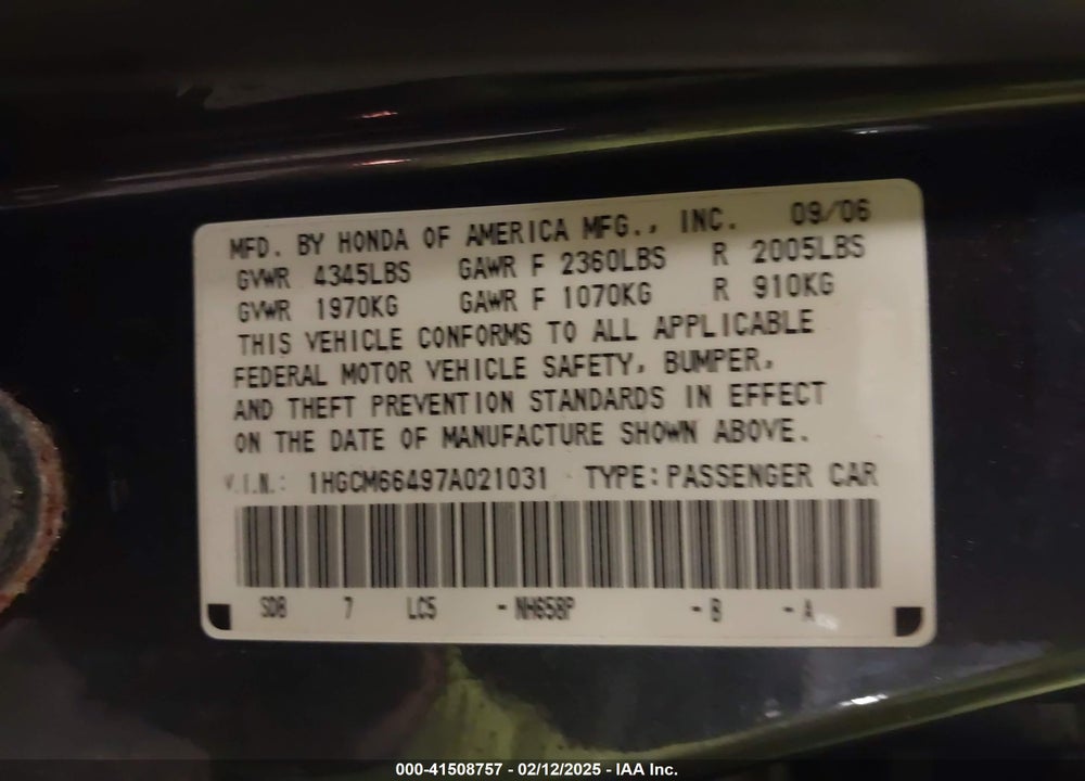 2007 HONDA ACCORD VIN: 1HGCM66497A021031