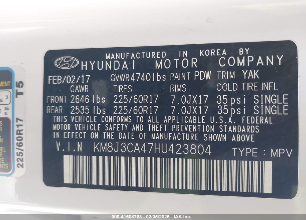 2017 HYUNDAI TUCSON VIN: KM8J3CA47HU423804