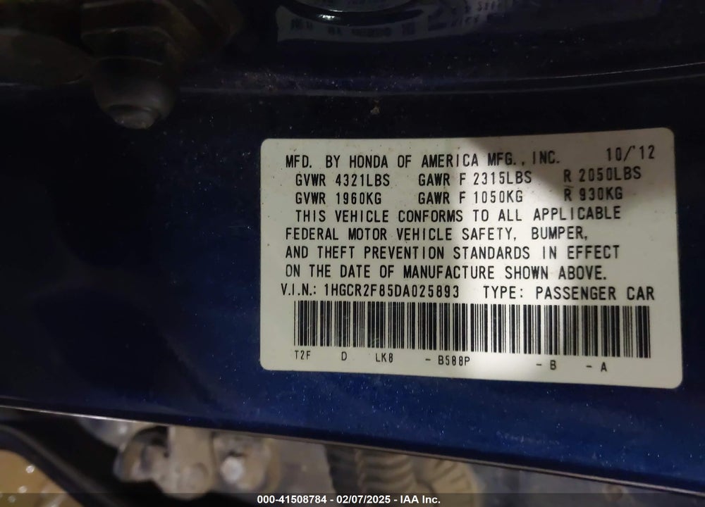 2013 HONDA ACCORD EX-L VIN: 1HGCR2F85DA025893