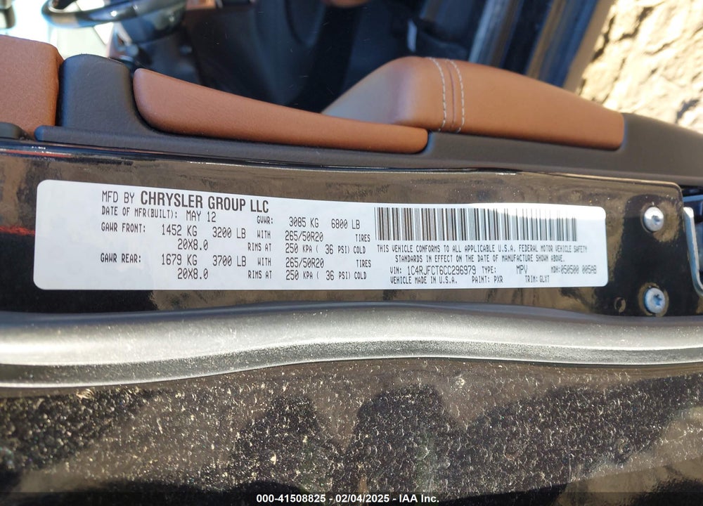 2012 JEEP GRAND CHEROKEE OVERLAND VIN: 1C4RJFCT6CC296979