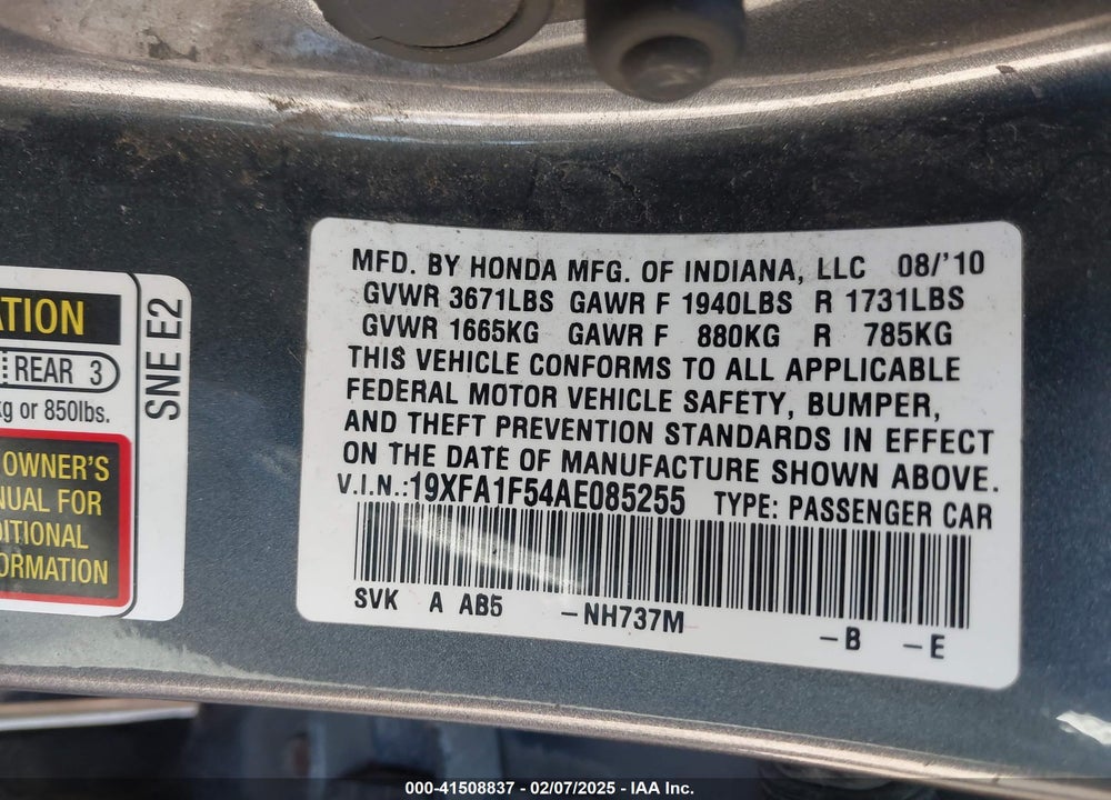 2010 HONDA CIVIC VIN: 19XFA1F54AE085255