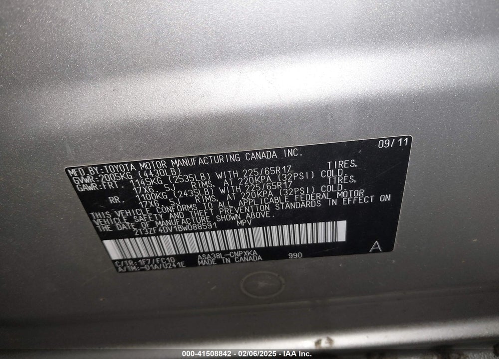 2011 TOYOTA RAV4 VIN: 2T3ZF4DV1BW088591