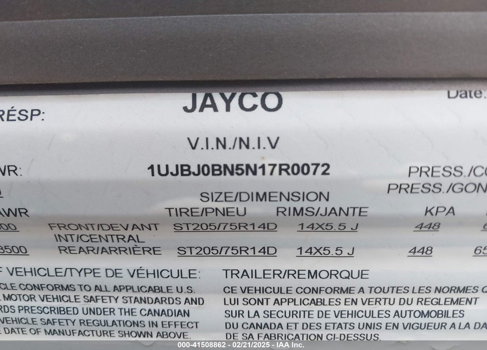 2022 JAYCO JAY FLIGHT VIN: 1UJBJ0BN5N17R0072