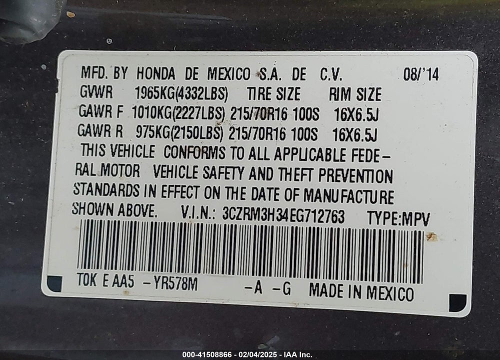2014 HONDA CR-V VIN: 3CZRM3H34EG712763