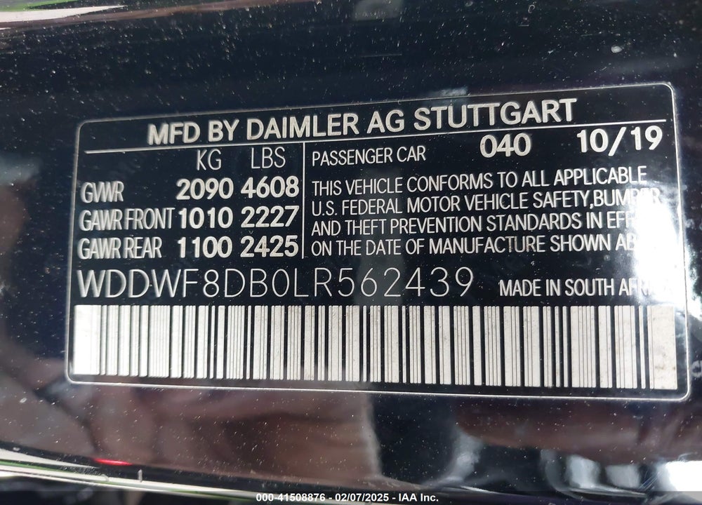 2020 MERCEDES-BENZ C 300 VIN: WDDWF8DB0LR562439