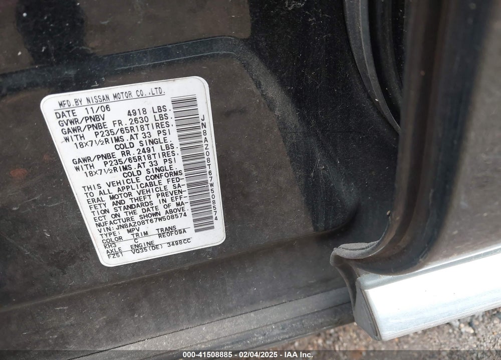2007 NISSAN MURANO SL VIN: JN8AZ08T67W508574