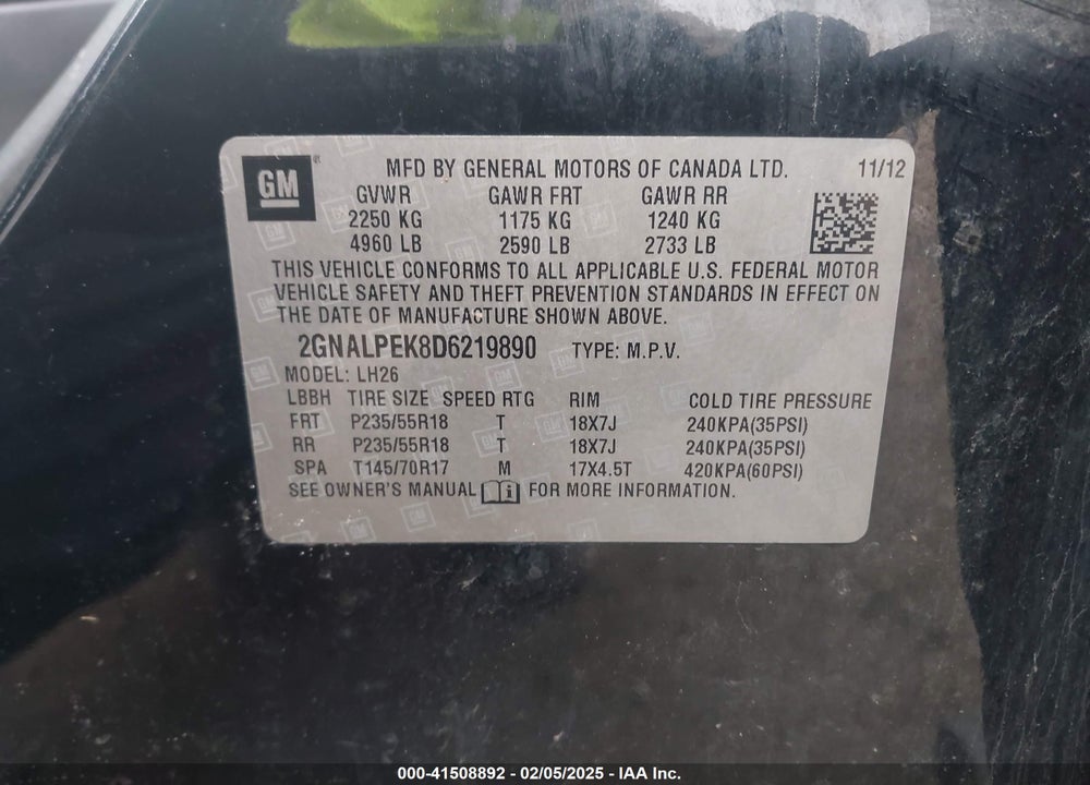 2013 CHEVROLET EQUINOX 2LT VIN: 2GNALPEK8D6219890